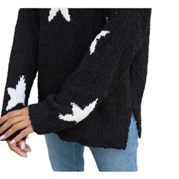 Amazon Earth Black Star Pullover Side Slit Casual Long Sleeve Sweater - Picture 4 of 11